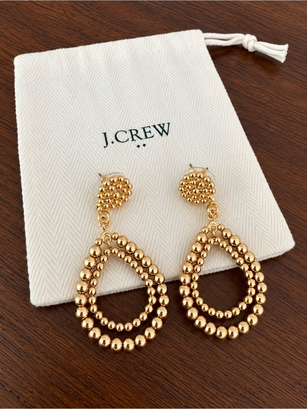 J.Crew - Gold Beaded Double Teardrop Statement Earrings